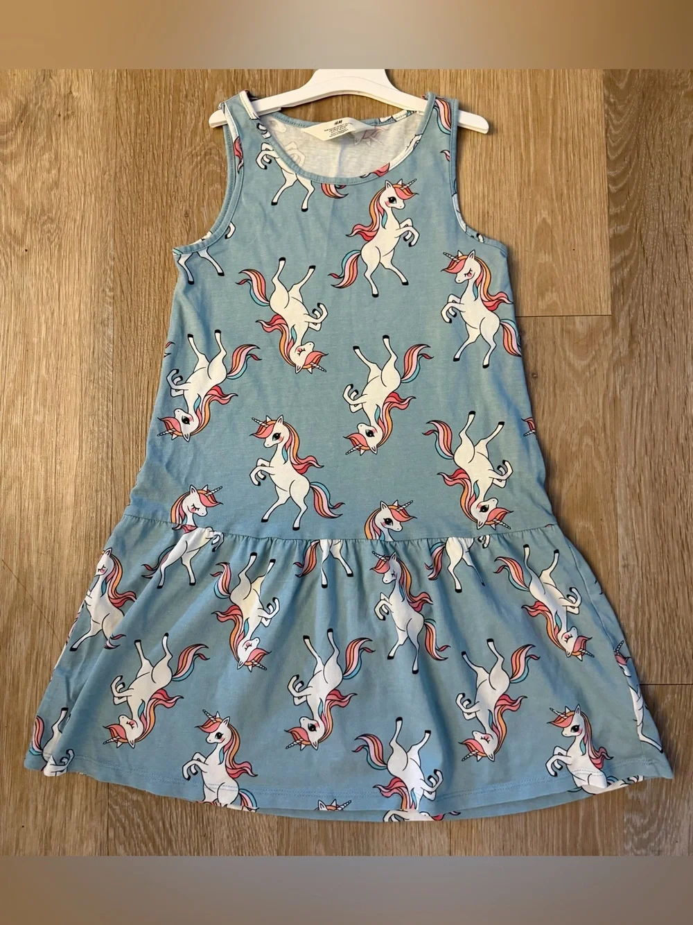 H&M Girl's Size 6X/7 Light Blue Unicorn Print Sleeveless Dress with Pink Accents